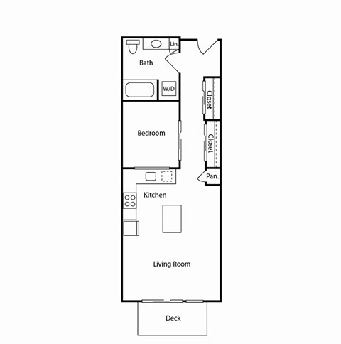 A floor plan of a small apartment with a living room, kitchen, bedroom and bathroom.