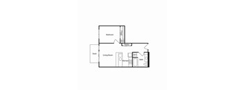 A floor plan of a house with a deck, living room, kitchen, bath, and bedroom.