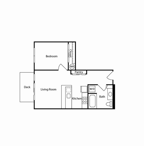 A floor plan of a house with a deck, living room, kitchen, bath, and bedroom.
