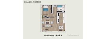 A floor plan of a one bedroom apartment with a bathroom and a kitchen.