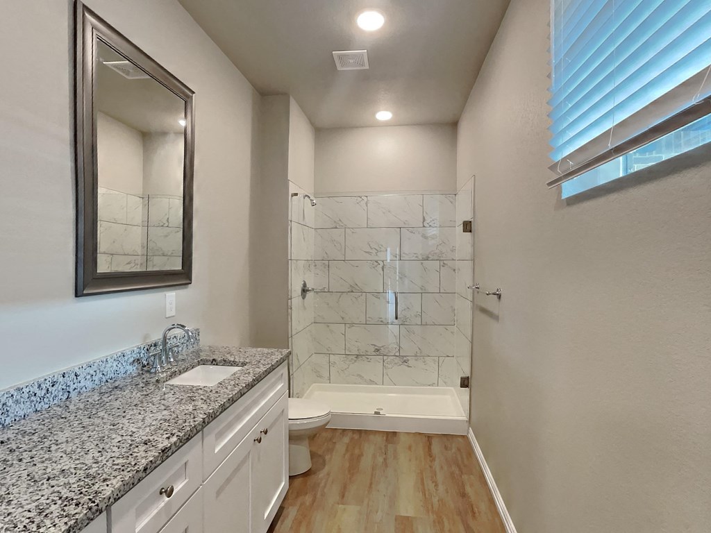 a bathroom with a shower and a sink and a mirror