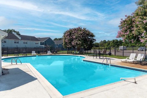 A swimming pool surrounded by a fence and trees.