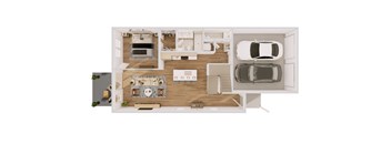 A top-down view of a car with a trunk and a living room with a couch and a coffee table.