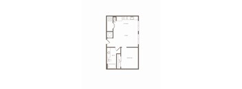 A floor plan of a small apartment with a living room, kitchen, bedroom and bathroom.