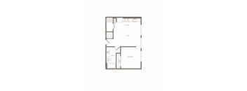 A floor plan of a small apartment with a living room, bedroom, and bathroom.