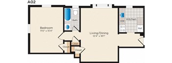 a floor plan of a room with a kitchen and a living room