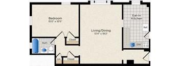 the floor plan of a bedroom apartment with a bathroom and a living room