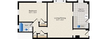 the floor plan of a bedroom apartment with a bathroom and a living room
