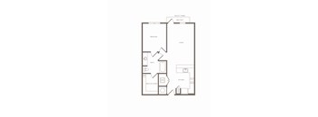 A floor plan of a home layout with a bedroom, bathroom, kitchen, and living room.