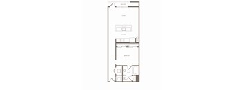 A floor plan of a house with a living room, kitchen, bathroom, and bedroom.