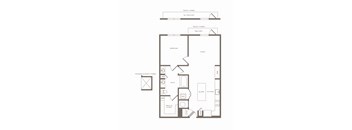 A floor plan of a home layout with a balcony, bedroom, living room, kitchen, and bathroom.