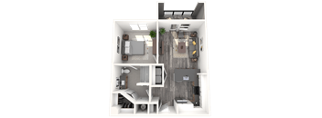 A 3D rendered image of a small apartment layout.