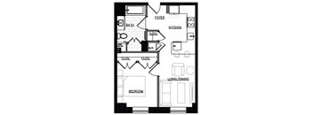 a floor plan of a small house with a kitchen and a living room