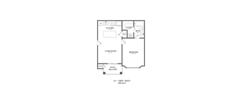 A drawing of a floor plan of a one bedroom apartment.