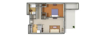 A 3D rendered image of a house layout.