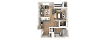 A 3D floor plan of a small apartment with a kitchen, living room, and bedroom.