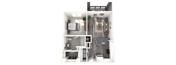 A 3D floor plan of a small apartment with a living room, kitchen, and bedroom.