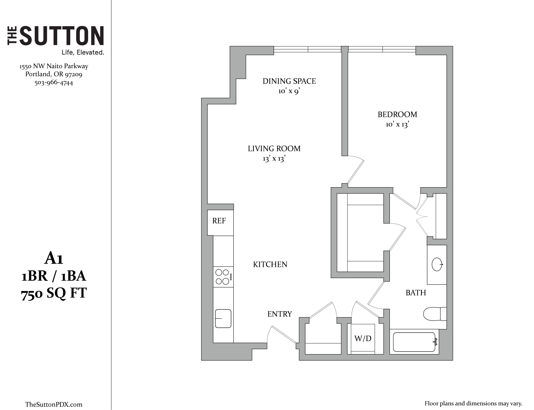 A floor plan for a one bedroom, one bath, 750 square feet apartment.
