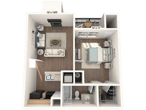 a 3d rendering of a bedroom with a bathroom and a living room