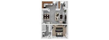 One-bedroom apartment floor plan at Idlewild 45 Apartments in Midtown Memphis TN featuring an open living area, full kitchen, and spacious bedroom