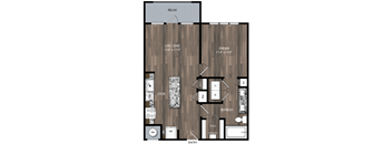 A floor plan of a house with a living room, dining room, kitchen, and bathroom.