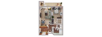 A 3D floor plan of a small apartment with a kitchen, living room, and bathroom.