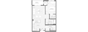A floor plan of a house with a balcony, living room, kitchen, bathroom, bedroom, and laundry area.