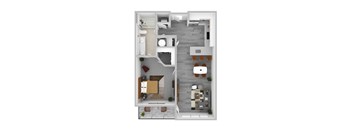 A 3D floor plan of a modern apartment with a living room, kitchen, and bedroom.