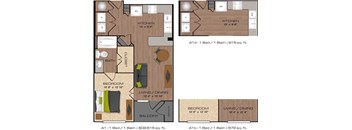 A floor plan shows three different layouts for a one-bedroom apartment with one bathroom.