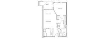 A floor plan of a house with a patio, bedroom, living room, dining area, kitchen, and bathroom.