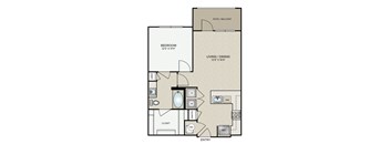 A floor plan of a small apartment with a bedroom, living room, and bathroom.