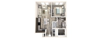 A 3D floor plan of a small apartment with a kitchen, living room, and bathroom.