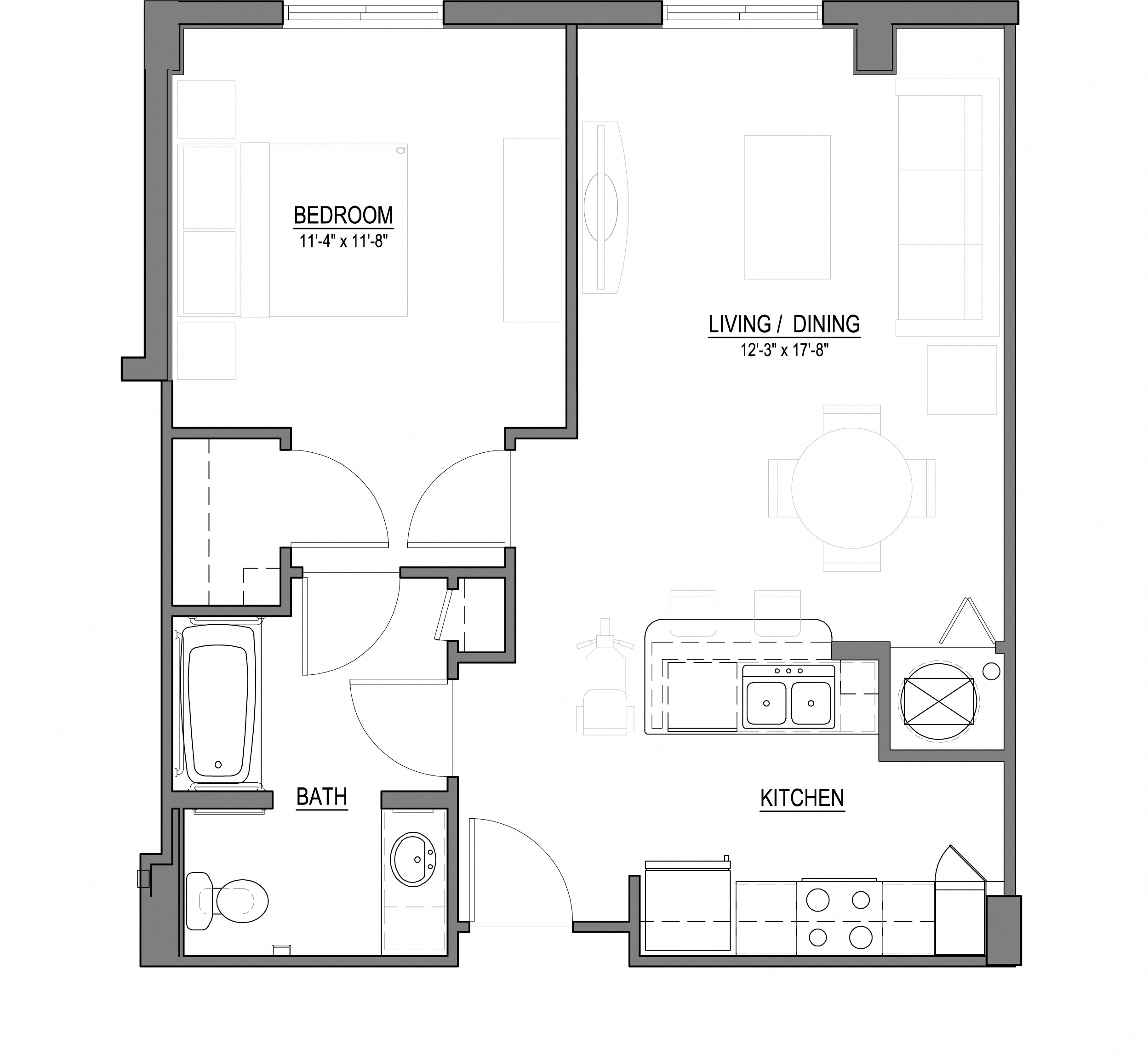 A1-F 1 Bed - 1 Bath |688 sq ft floorplan