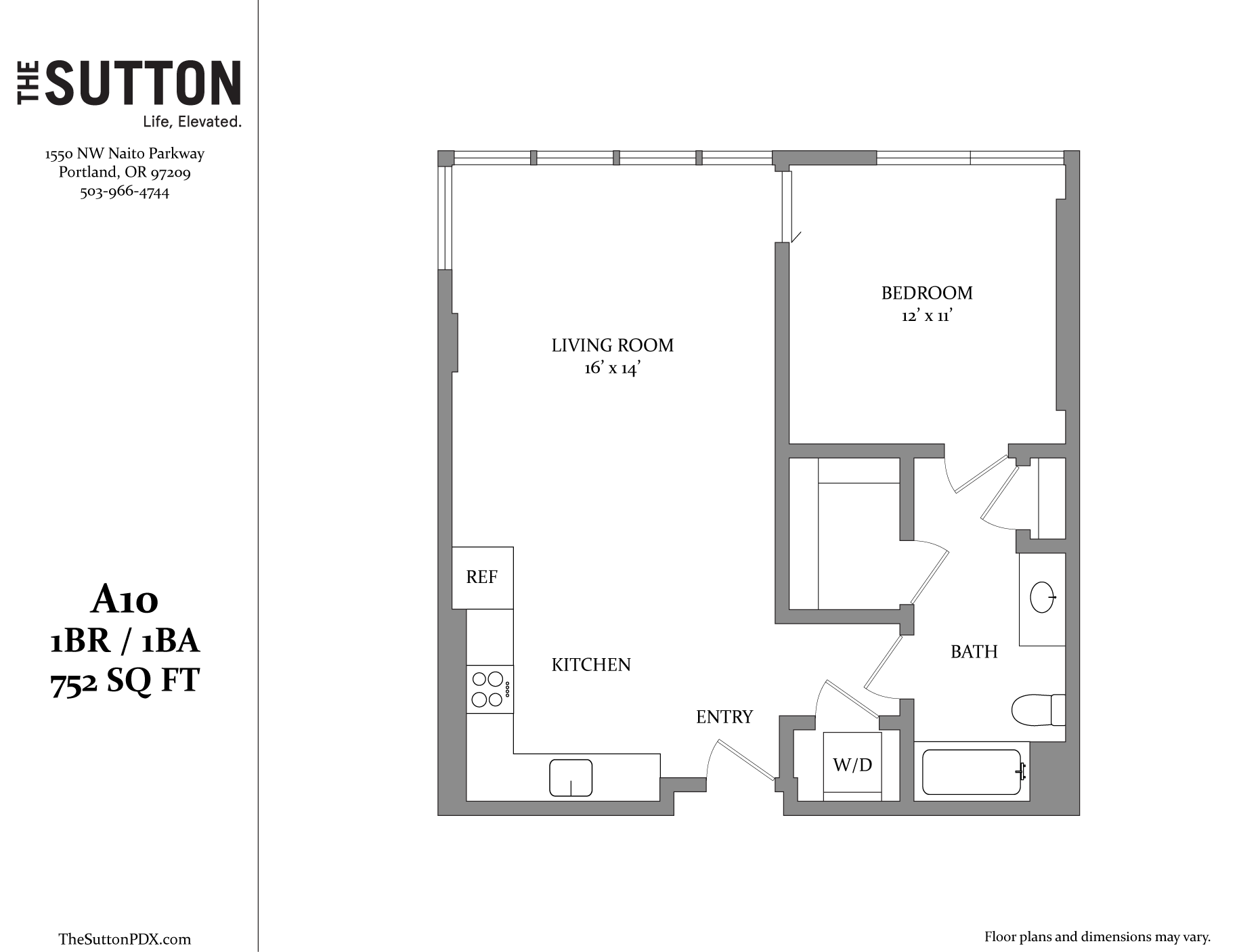 A floor plan for a one bedroom apartment with a living room and kitchen.