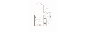 A floor plan of a home layout with a balcony, bedroom, living room, kitchen, and bathroom.