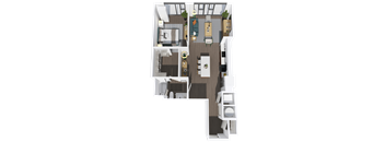 A top-down view of a house layout with a kitchen, living room, and bathroom.