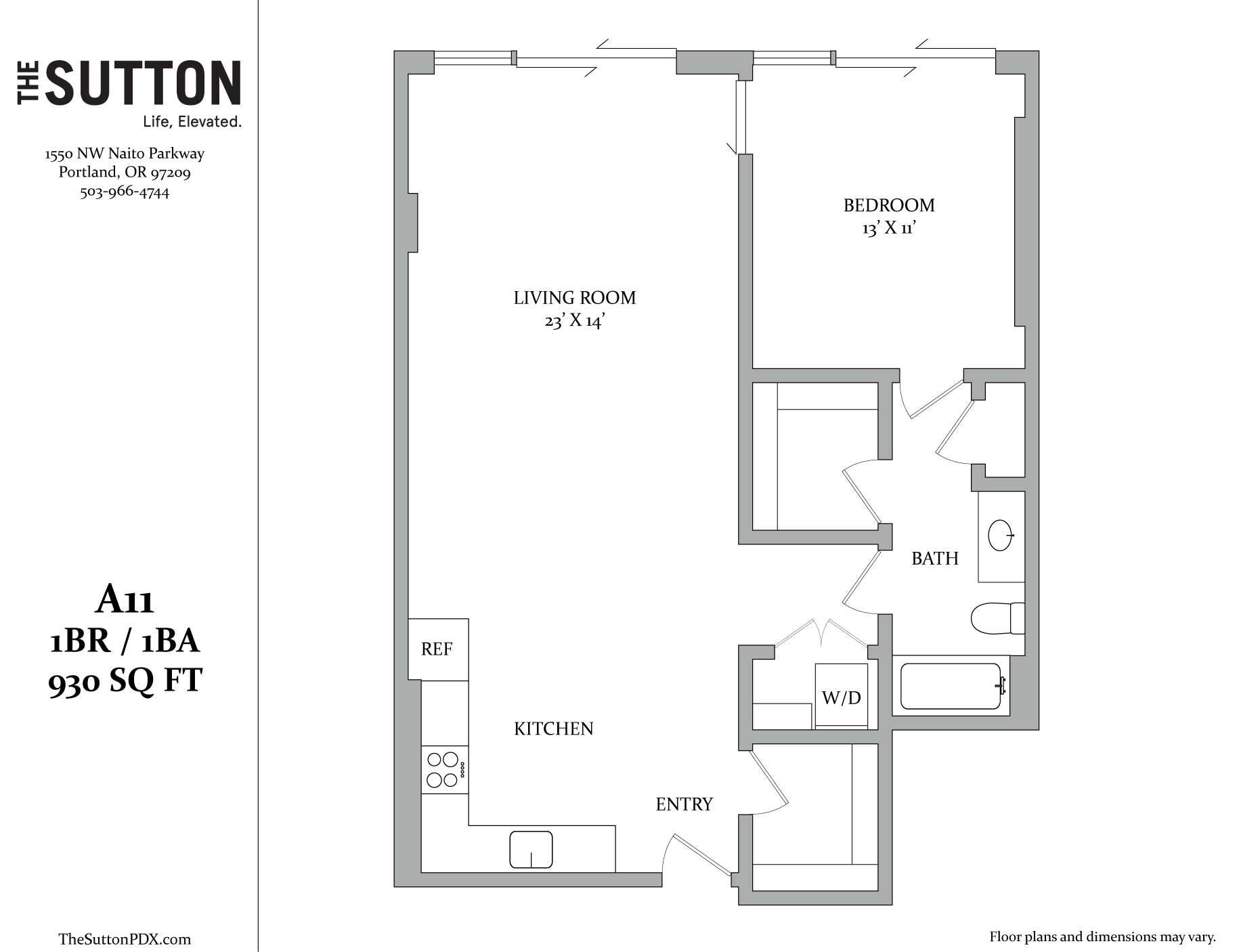 A floor plan for a 1 bedroom, 1 bathroom apartment.