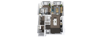 A 3D floor plan of a small apartment with a kitchen, living room, and bathroom.
