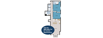 A floor plan of an apartment with a living room, kitchen, and bathrooms.