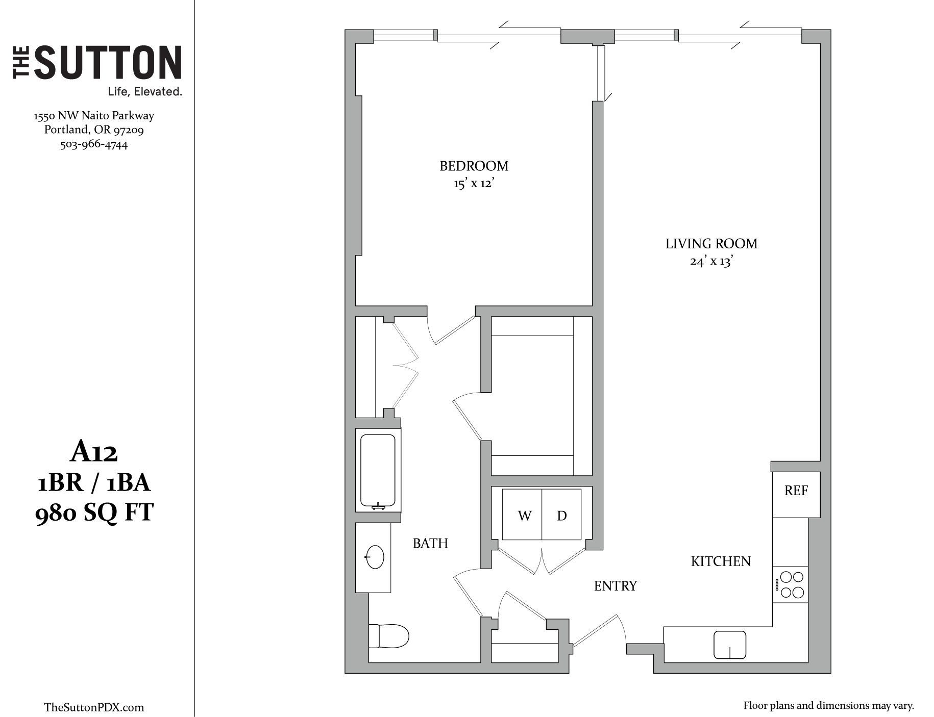 A floor plan for a 1 bedroom, 1 bathroom apartment with a living room and kitchen.