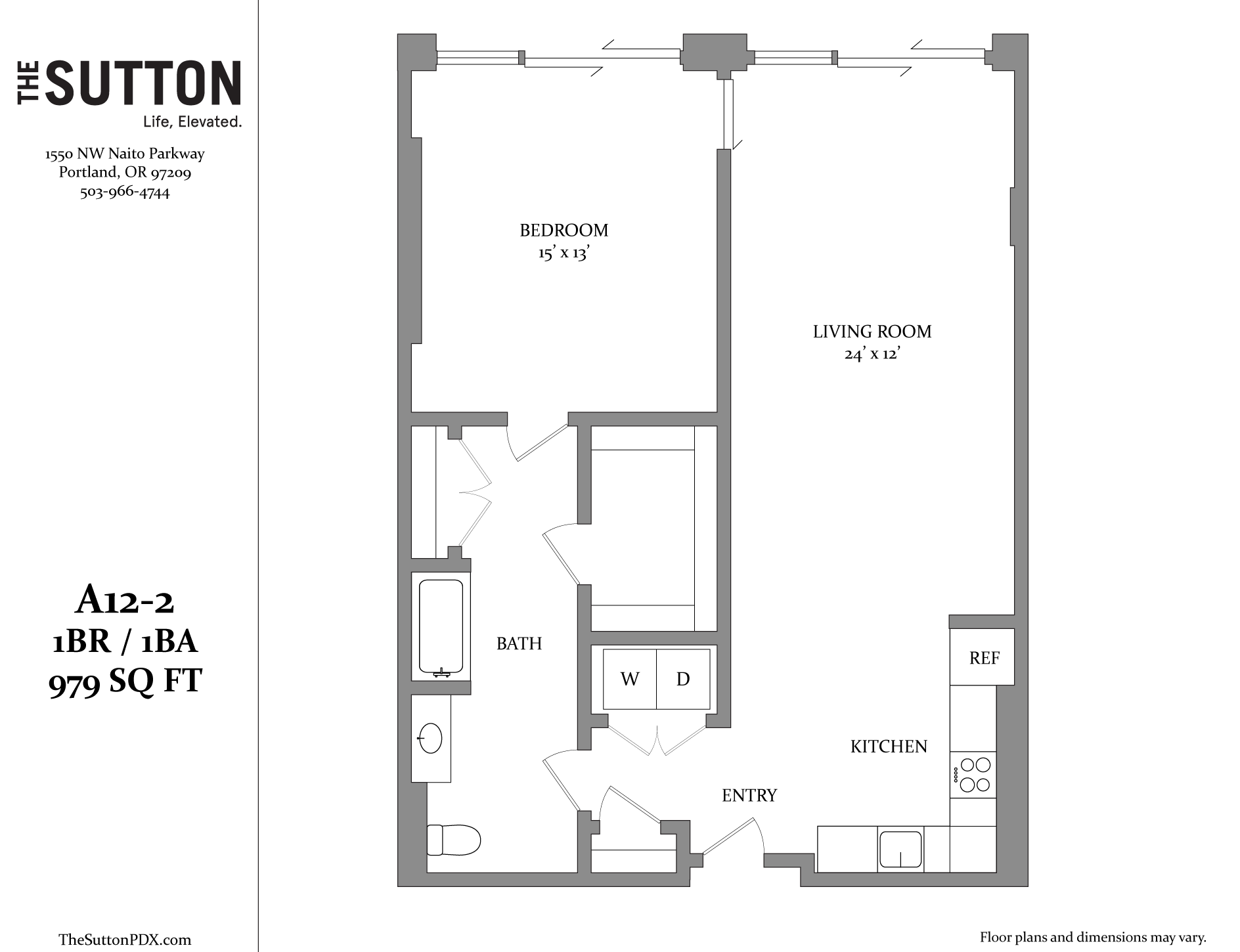 A floor plan for a 1 bedroom, 1 bathroom apartment with a living room and kitchen.