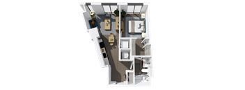 A top-down view of a small apartment with a kitchen, living room, and bathroom.