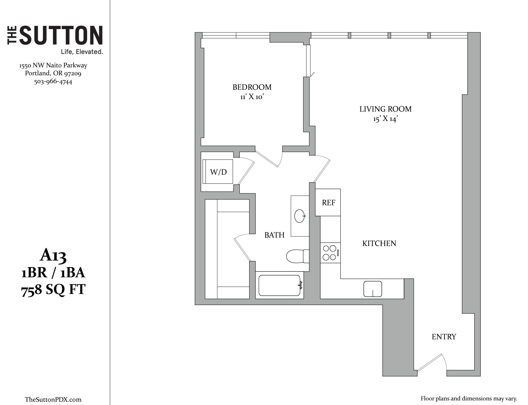 A floor plan for a one bedroom apartment with a living room and kitchen.