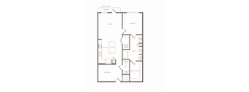 A floor plan of a home layout with a living room, bedroom, kitchen, and bathroom.