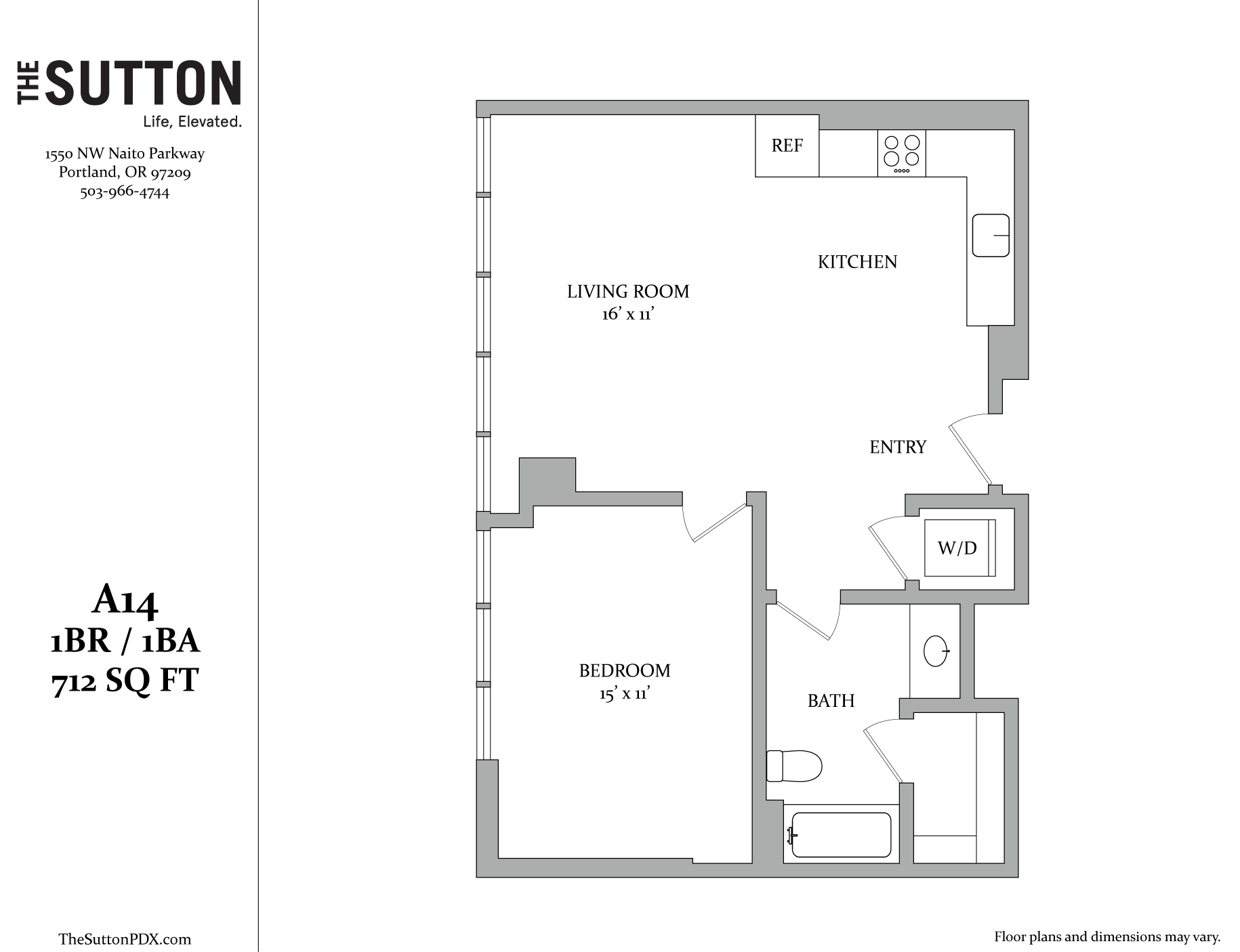 A floor plan for a one bedroom apartment with a living room, kitchen and bath.