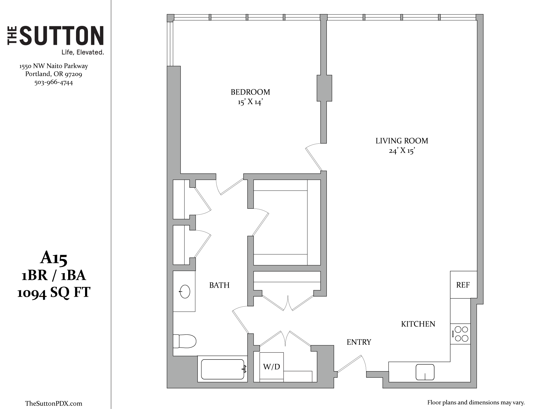 A floor plan for a 15x15 bedroom with a living room, bathroom, kitchen, and entry.