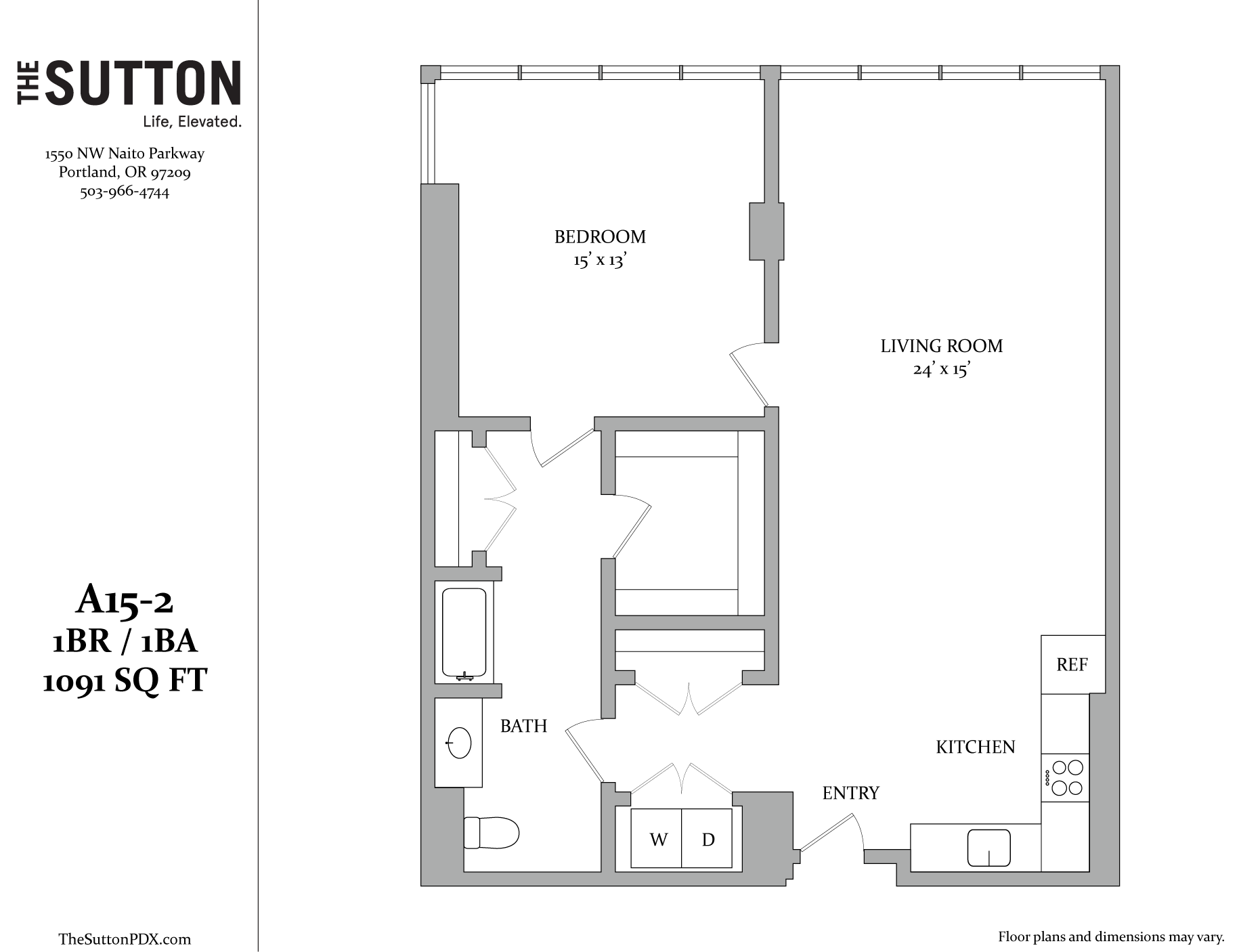 A floor plan for a 15 x 13 bedroom and living room apartment.