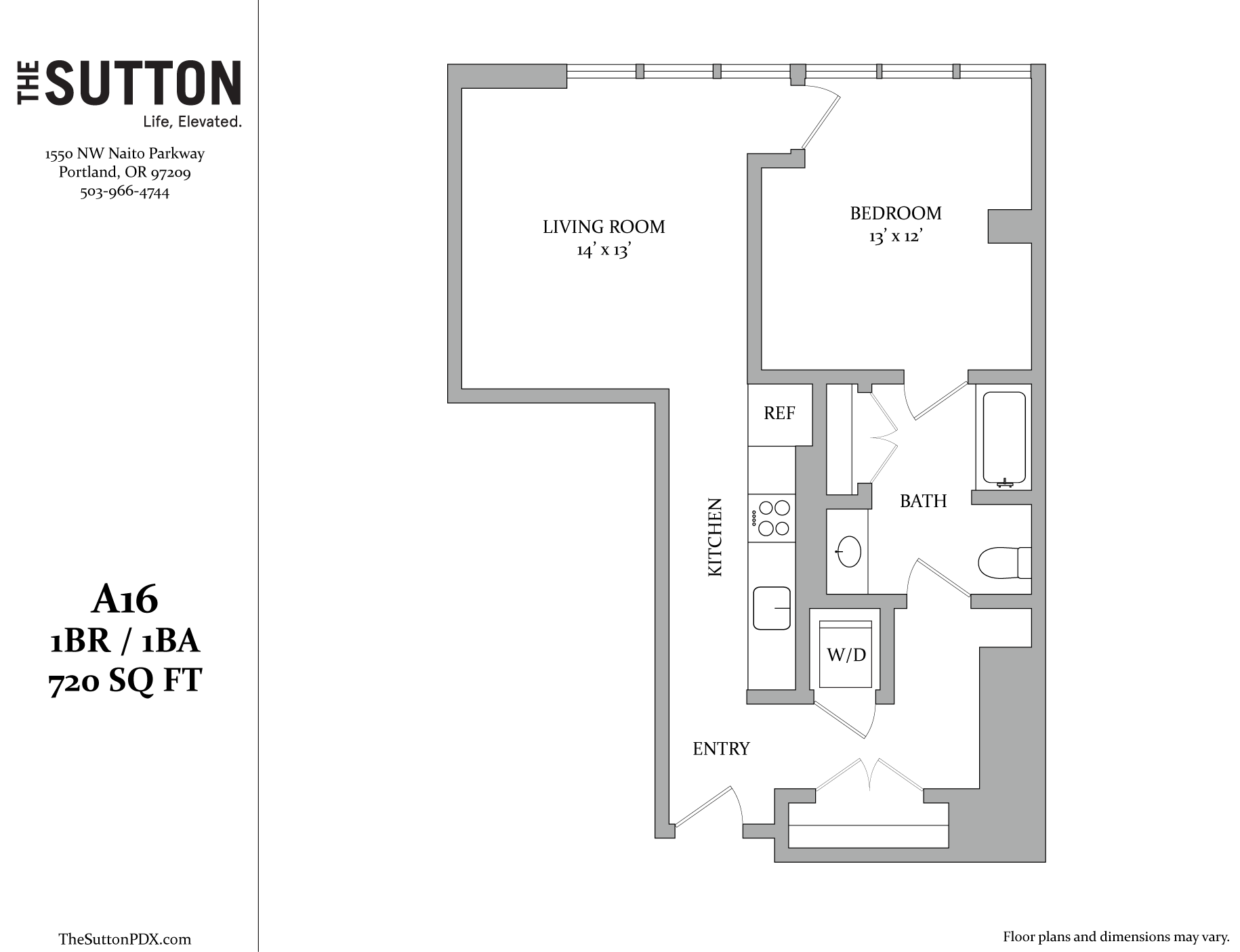 A floor plan for a 1BR/1BA apartment at The Sutton.