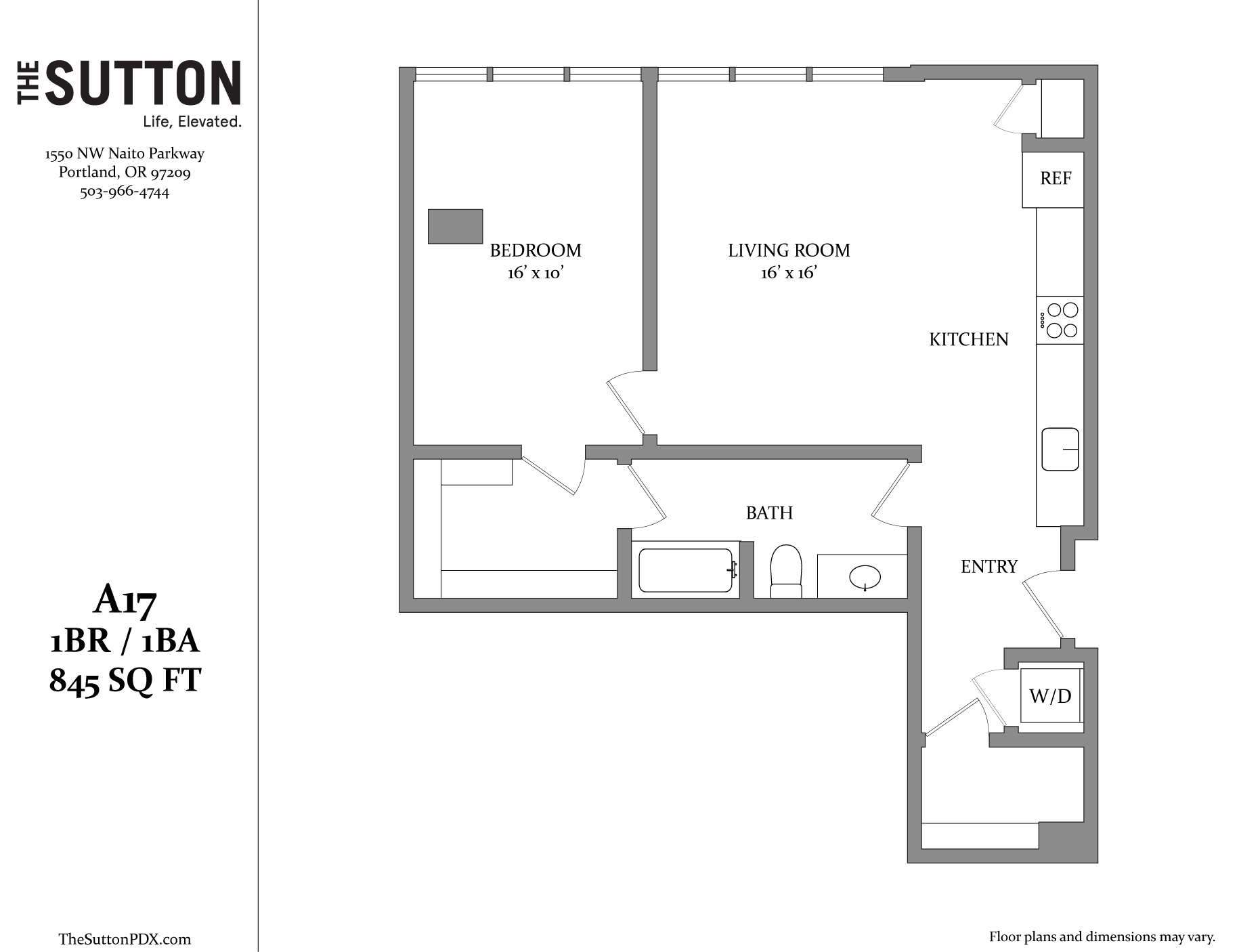 A floor plan for a 1 BR/1BA apartment at The Sutton.