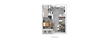 A floor plan of a small apartment with a living room, kitchen, and bathroom.